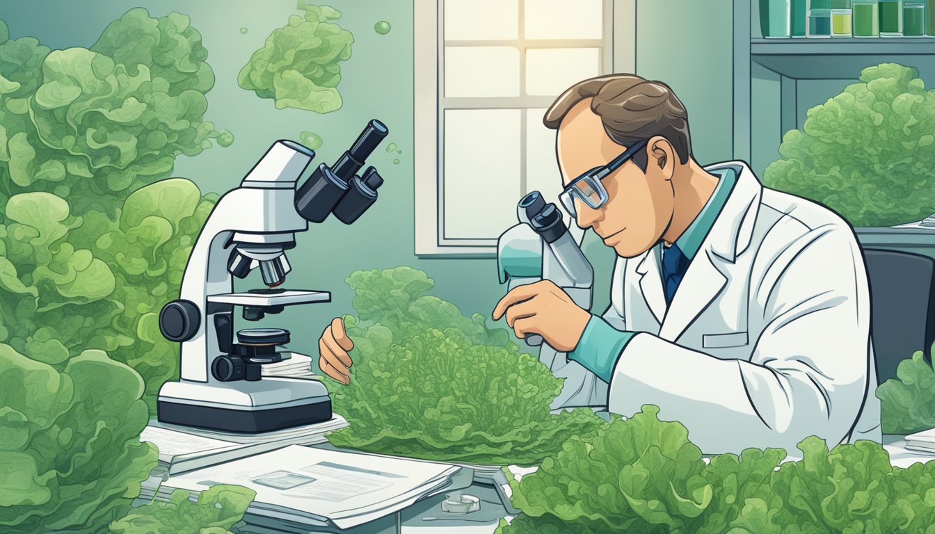 A scientist in a lab examines sea lettuce under a microscope, surrounded by research papers and test tubes