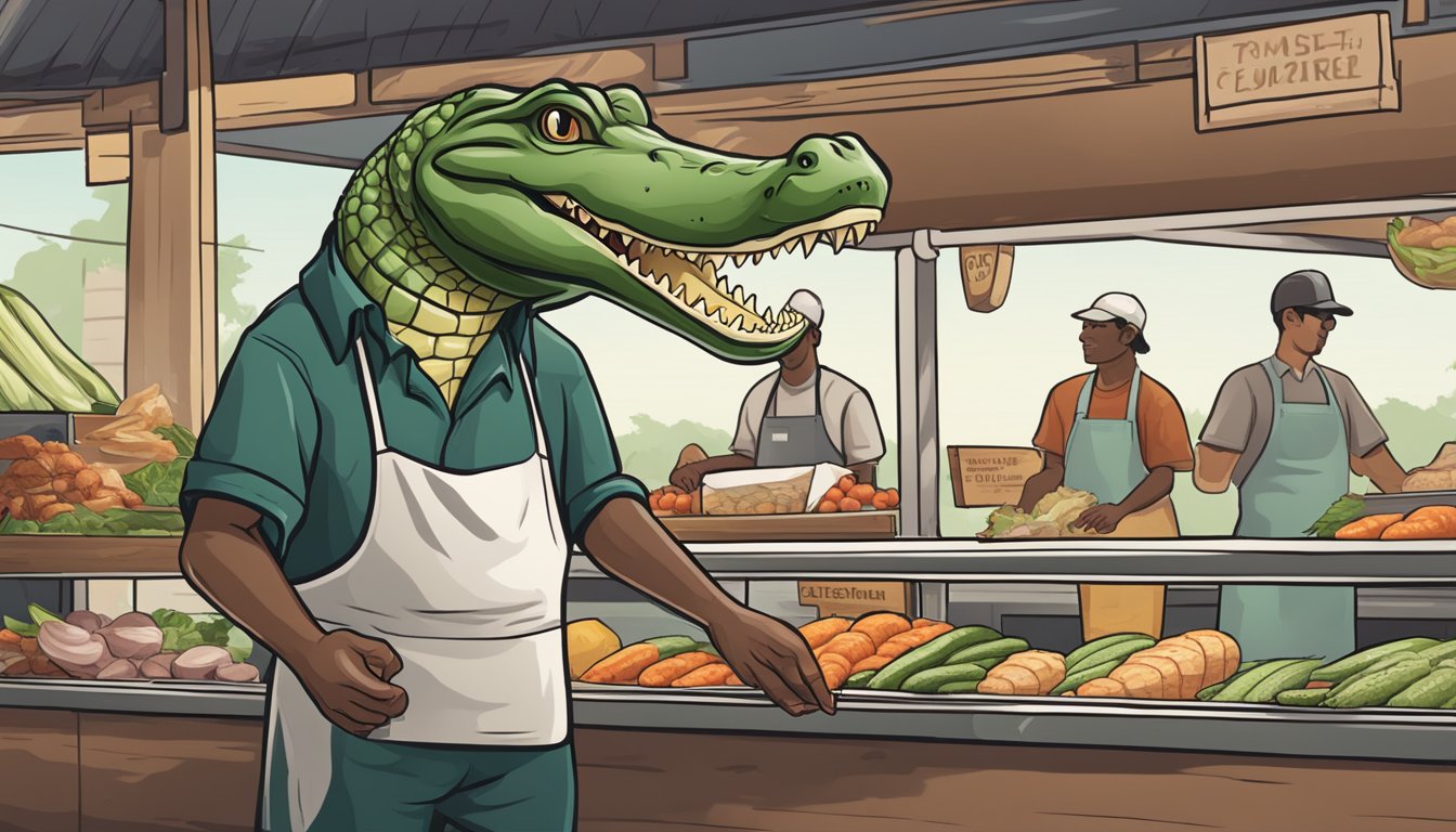 An alligator meat vendor confidently displays their fresh cuts at a local market, with a sign reassuring customers of its safety for consumption