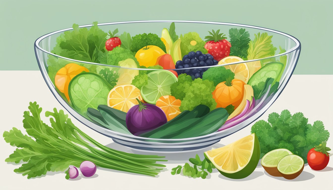 A clear glass bowl filled with various types of edible algae, surrounded by a variety of fresh vegetables and fruits