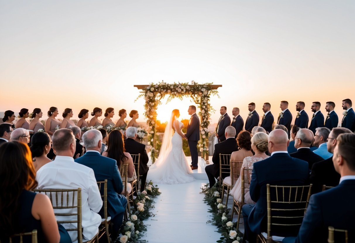 Guests are seated at a wedding ceremony, facing an adorned altar, as the sun sets behind them, casting a warm glow over the scene