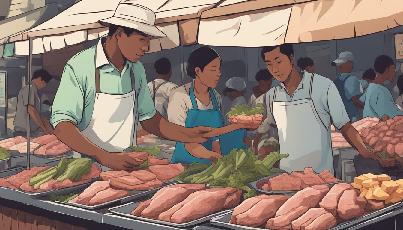 An alligator meat vendor at a market, displaying various cuts of meat with a sign indicating "Safe for Consumption." Customers inspecting the meat with curiosity