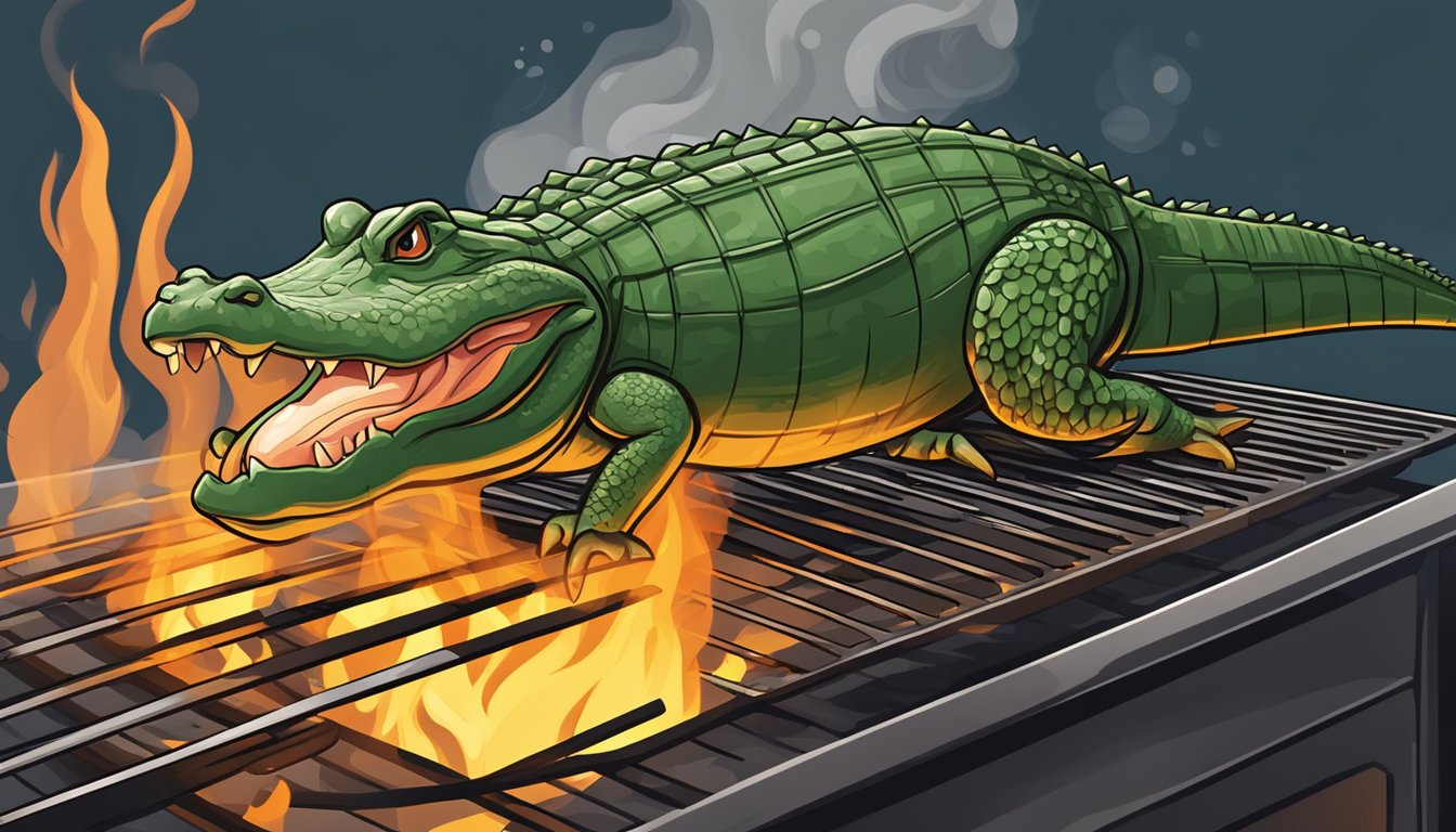 An alligator meat being cooked on a grill over an open flame