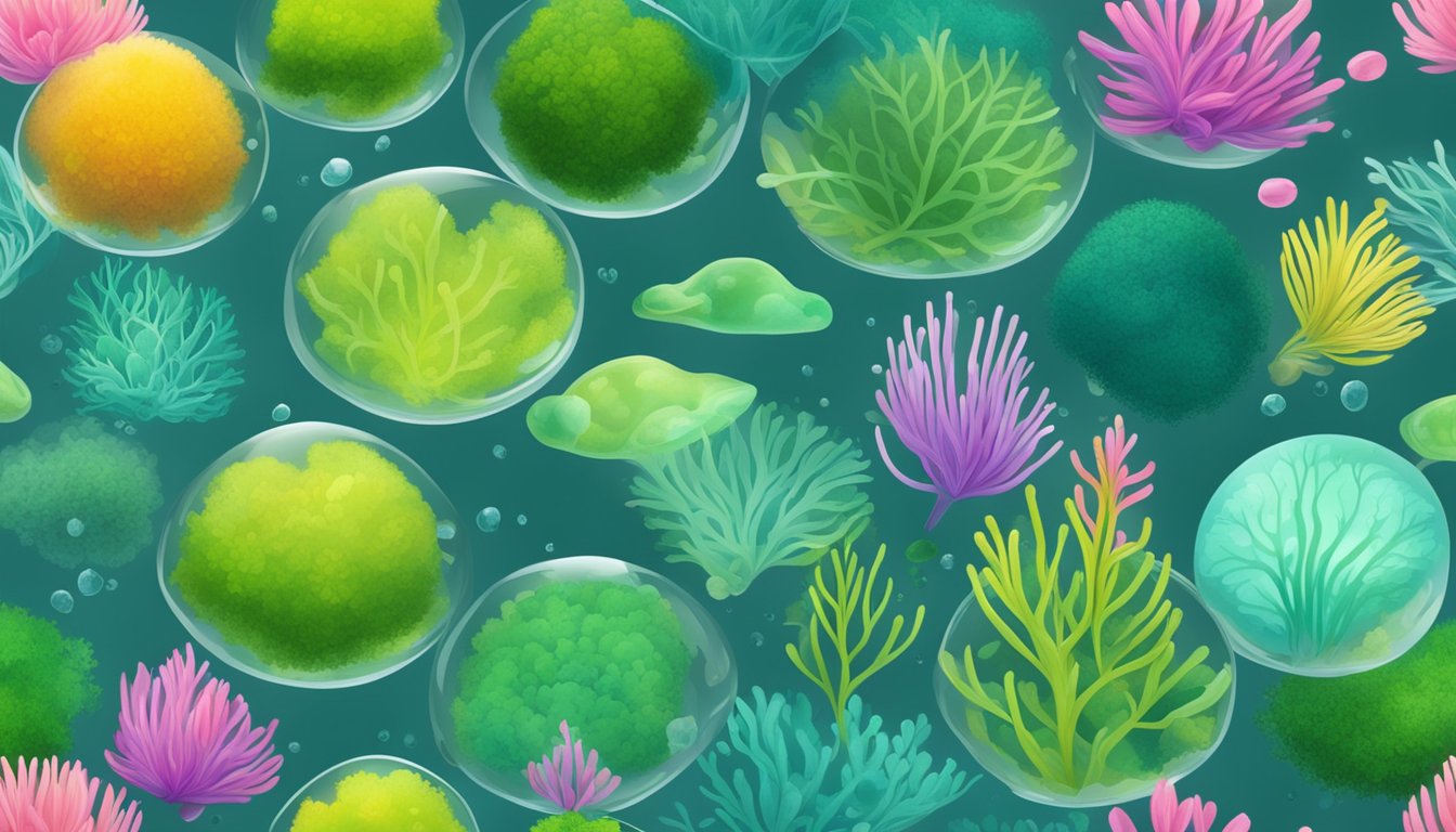 A variety of edible algae floating in clear water, with vibrant colors and different shapes