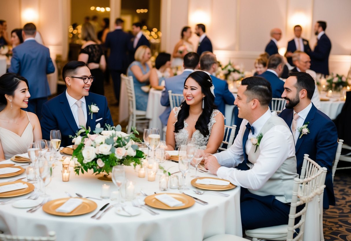 Guests seated in a wedding reception, mingling and conversing at round tables adorned with floral centerpieces and elegant place settings
