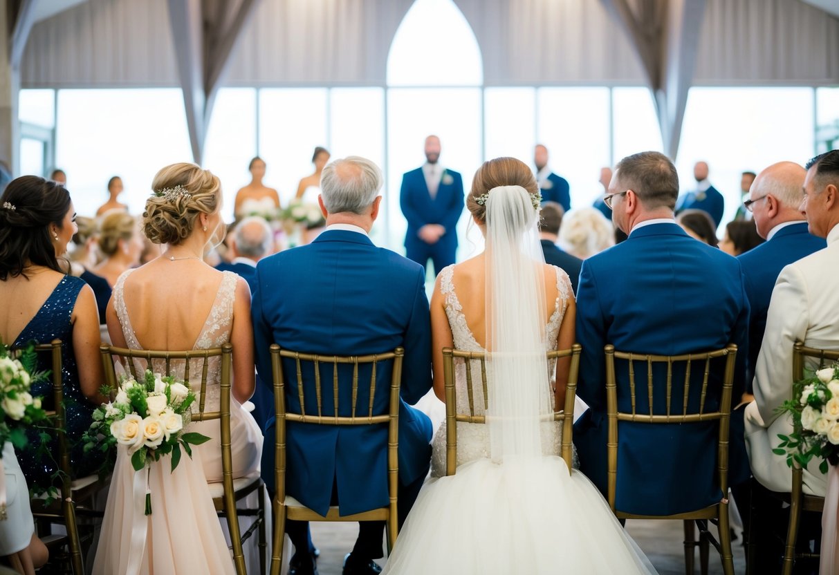 The bride's family sits on the left, facing the groom's family on the right, during the wedding ceremony