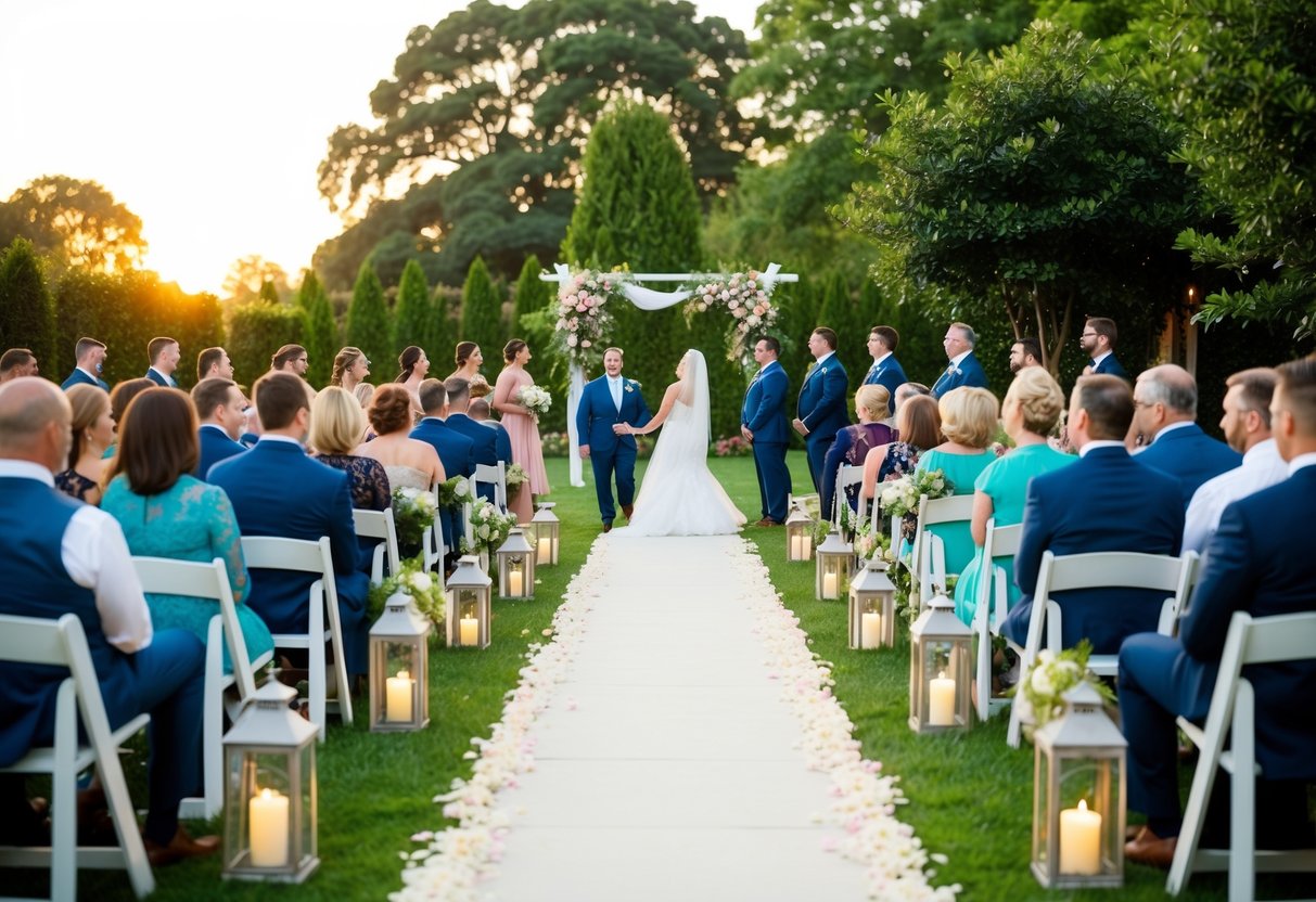 Guests seated in a garden, transitioning from ceremony to reception. Lanterns and floral arrangements mark the path. Sunset casts a warm glow