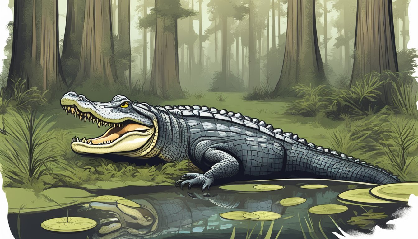 An alligator resting in a swamp, surrounded by cypress trees and Spanish moss, with a sign warning against eating the meat