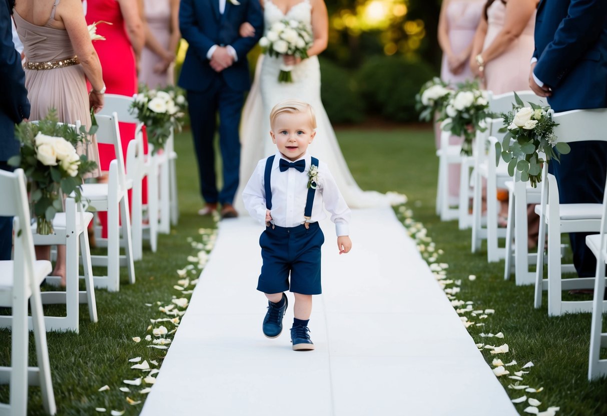 The youngest child leads the family down the aisle, followed by the parents, and the oldest child brings up the rear