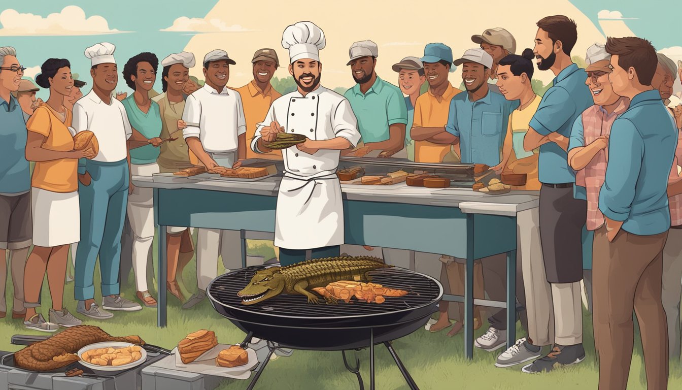 A chef grilling alligator meat on a barbecue, surrounded by curious onlookers