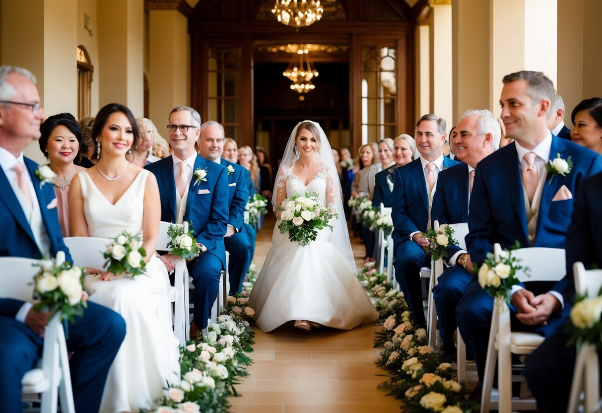 A traditional wedding ceremony with seating arrangements showing the bride's family seated on the left side of the aisle