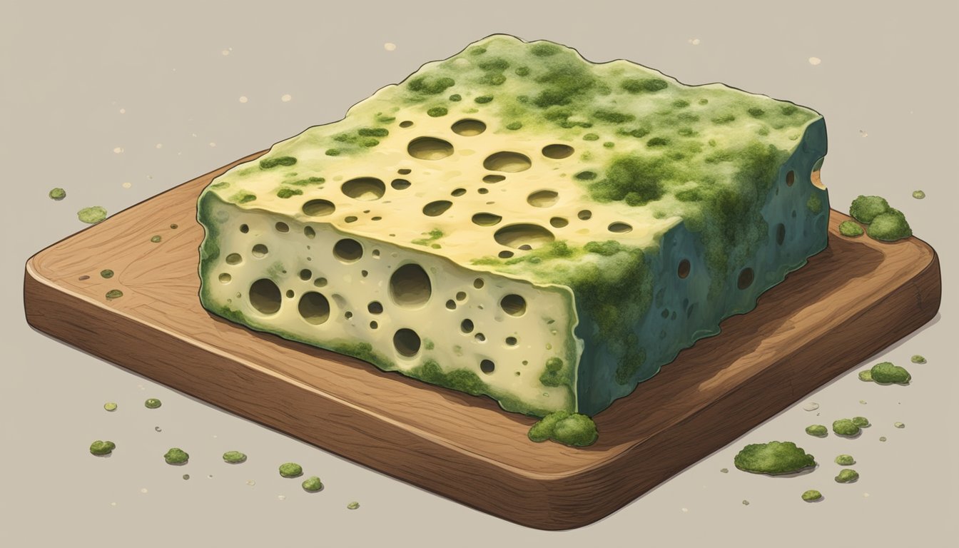 A block of cheese covered in green mold sits on a wooden cutting board, with visible signs of decay and spoilage