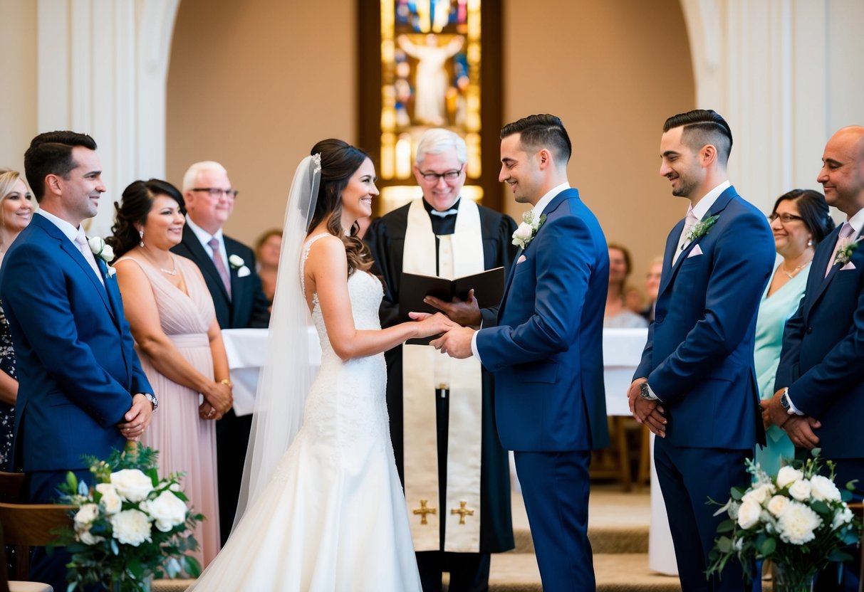 A bride and groom stand at the altar, surrounded by family and friends. An officiant leads the ceremony, exchanging vows and rings