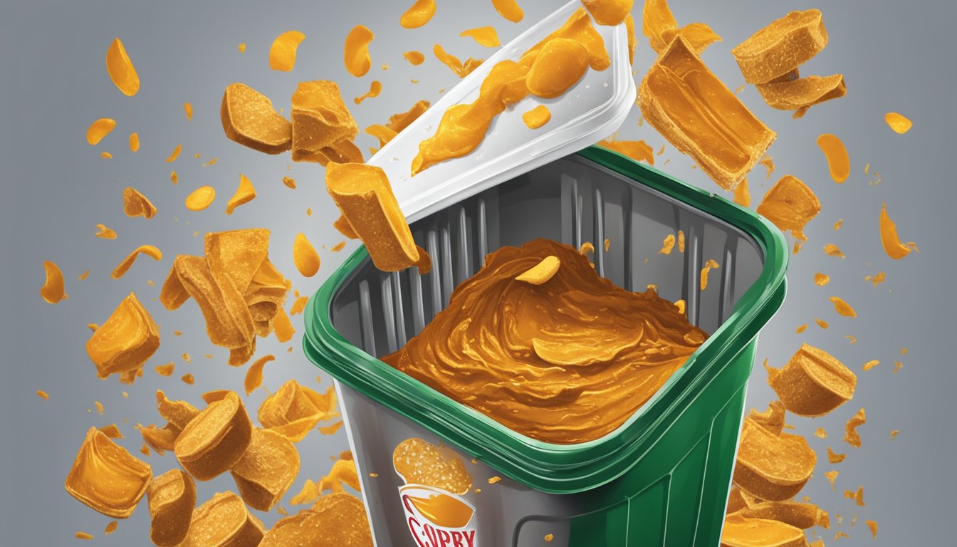 A jar of expired curry paste being tossed into a garbage bin