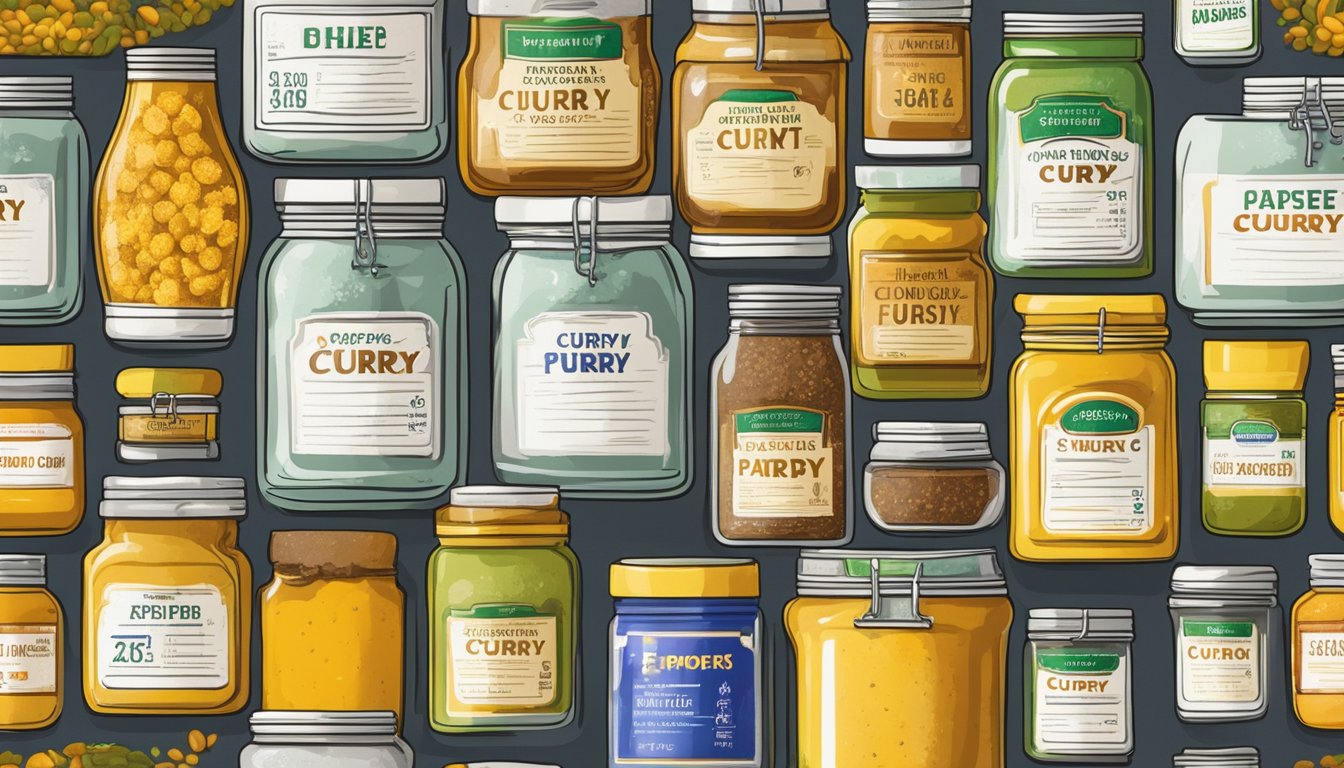 A jar of expired curry paste on a kitchen shelf, surrounded by other condiments and spices