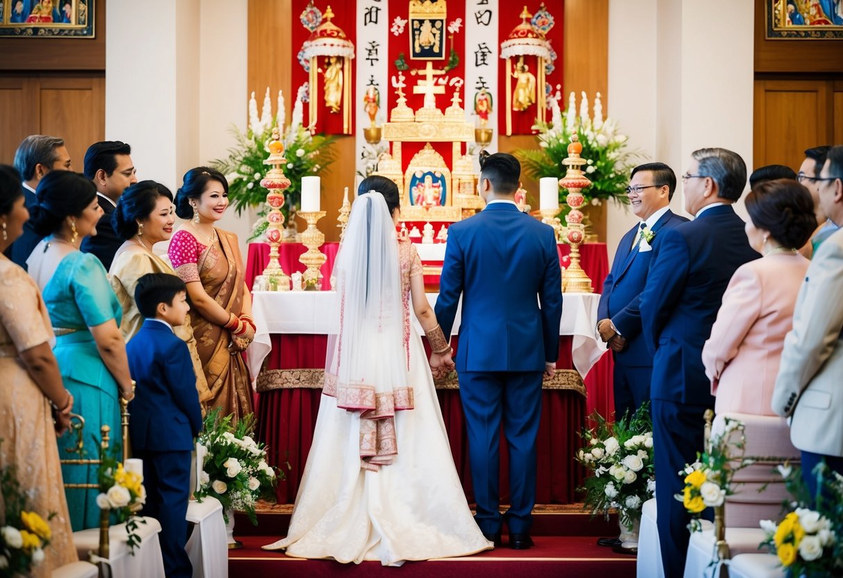 A bride and groom stand before an altar adorned with traditional cultural and religious symbols, surrounded by family and friends
