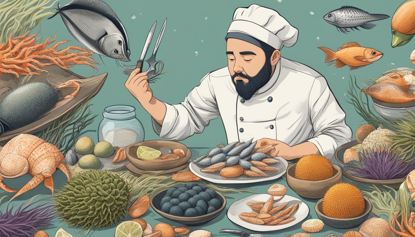 A person holding a sea urchin with a concerned expression, surrounded by various types of seafood and a chef's knife