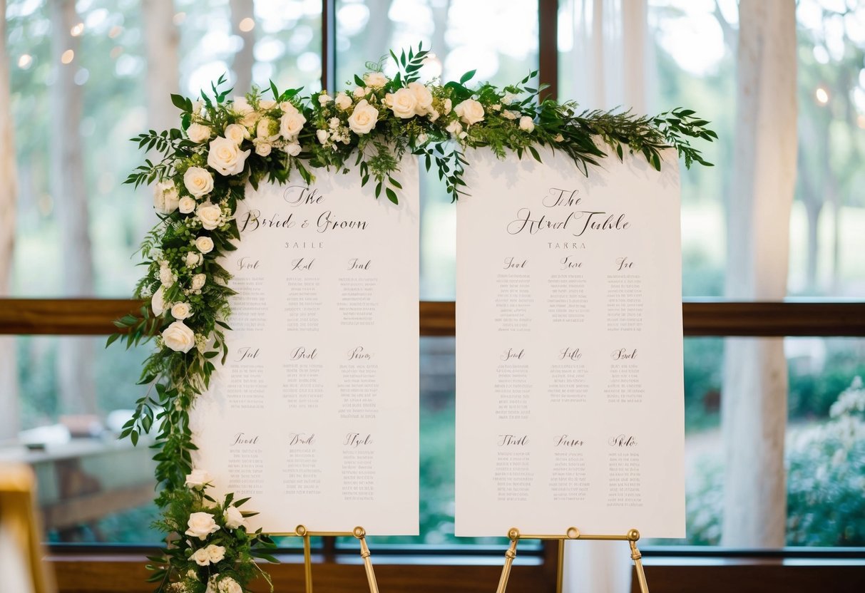 A beautifully decorated seating chart with designated spots for the bride and groom at the head table