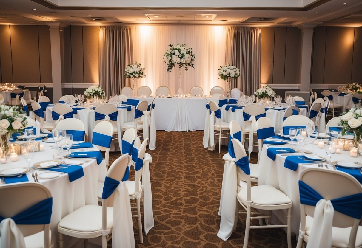 A beautifully decorated wedding reception with tables arranged in a seating chart, featuring the bride and groom's designated seats at the center of the room