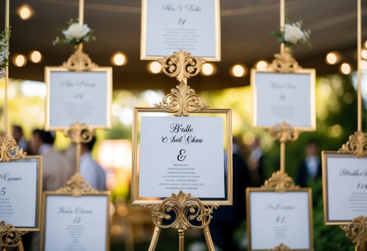 A beautifully decorated seating chart with a designated spot for the bride and groom at the center