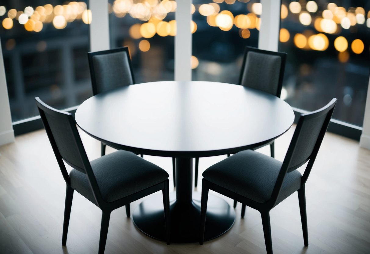 A round table with four chairs evenly spaced around it, each chair facing towards the center of the table