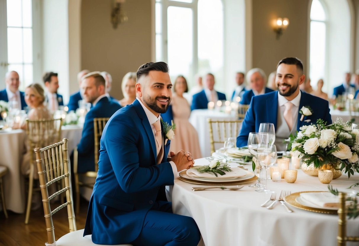 A beautifully decorated table with a place setting for the groom's close friend or family member sitting next to him at the wedding