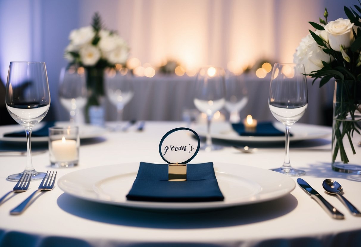 A modern wedding reception with a sleek, minimalist table setting. The groom's place is marked with a unique, contemporary place card
