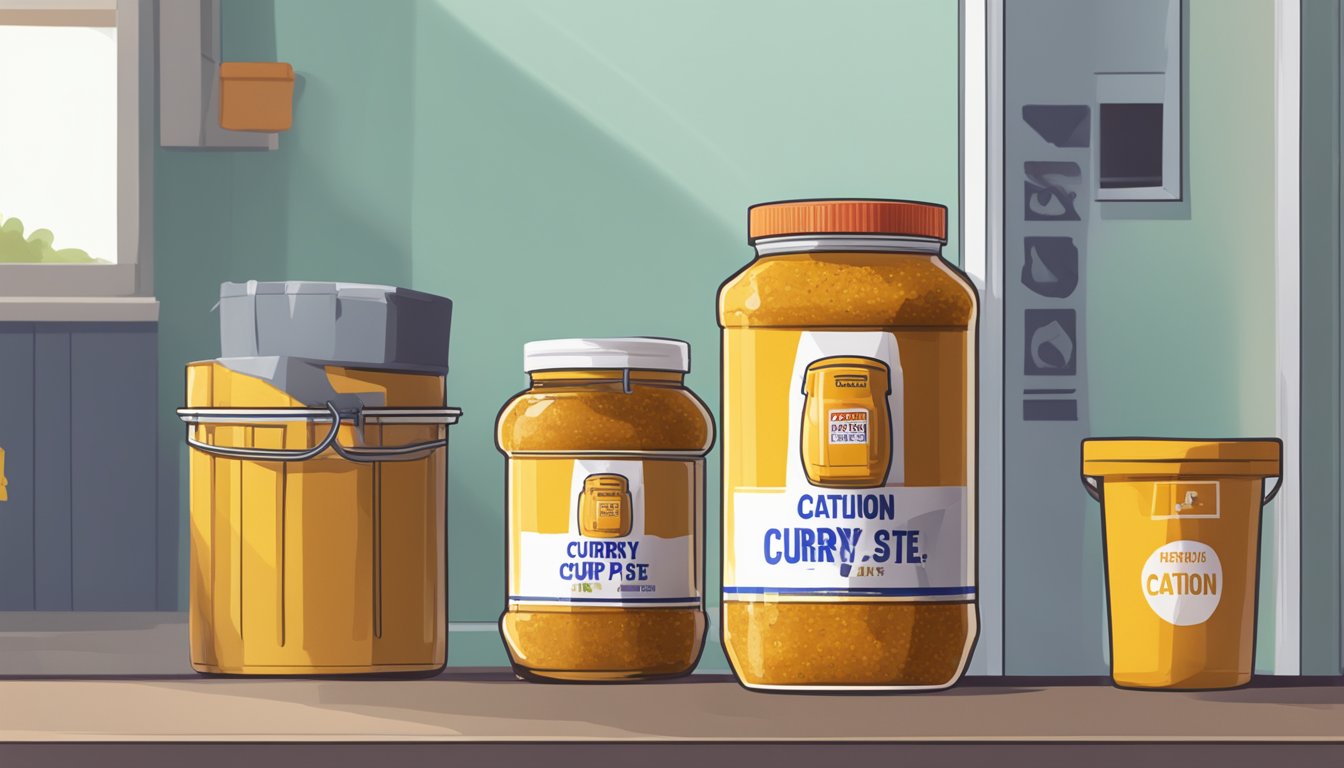 A jar of expired curry paste next to a fresh jar, with a caution sign and a trash bin in the background