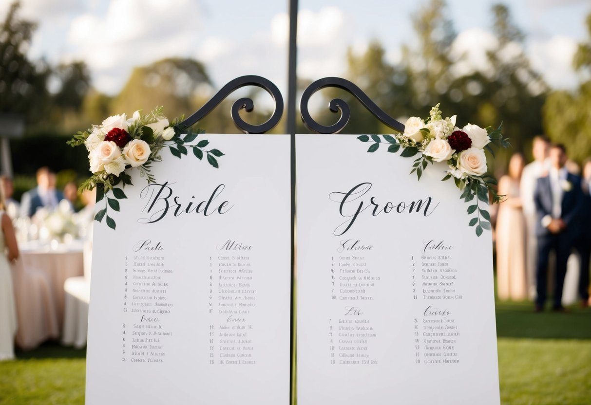 A seating chart with designated spots for bride and groom at a wedding reception