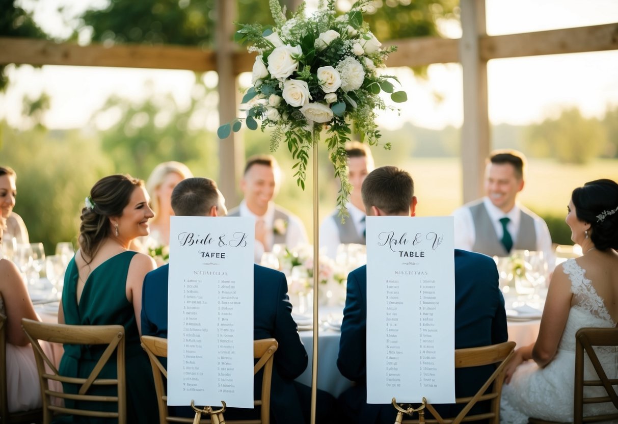 A wedding seating chart with bride and groom at the head table