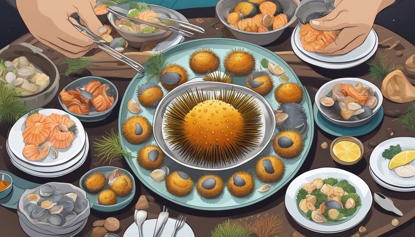 A person holding a cooked sea urchin on a plate, surrounded by a variety of seafood and utensils