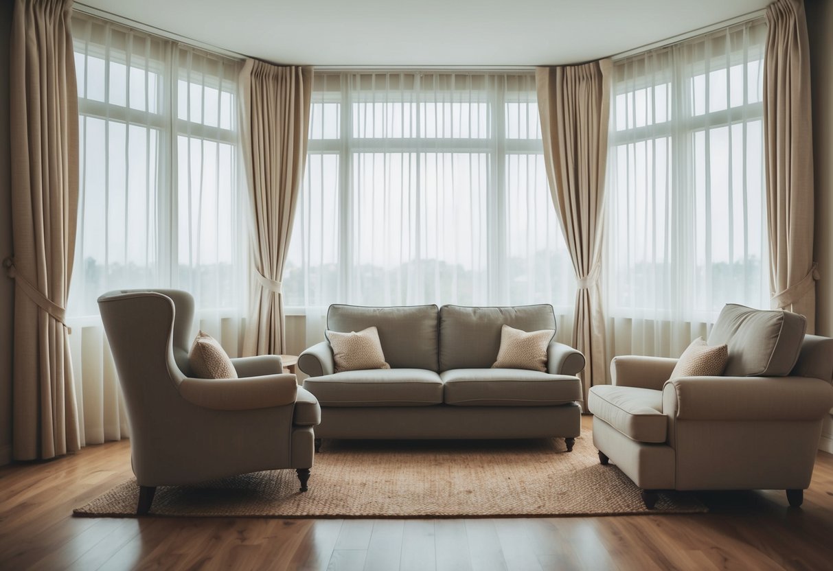 A cozy, well-lit living room with a comfortable sofa and armchair facing a large window with sheer curtains for optimal visibility and natural light