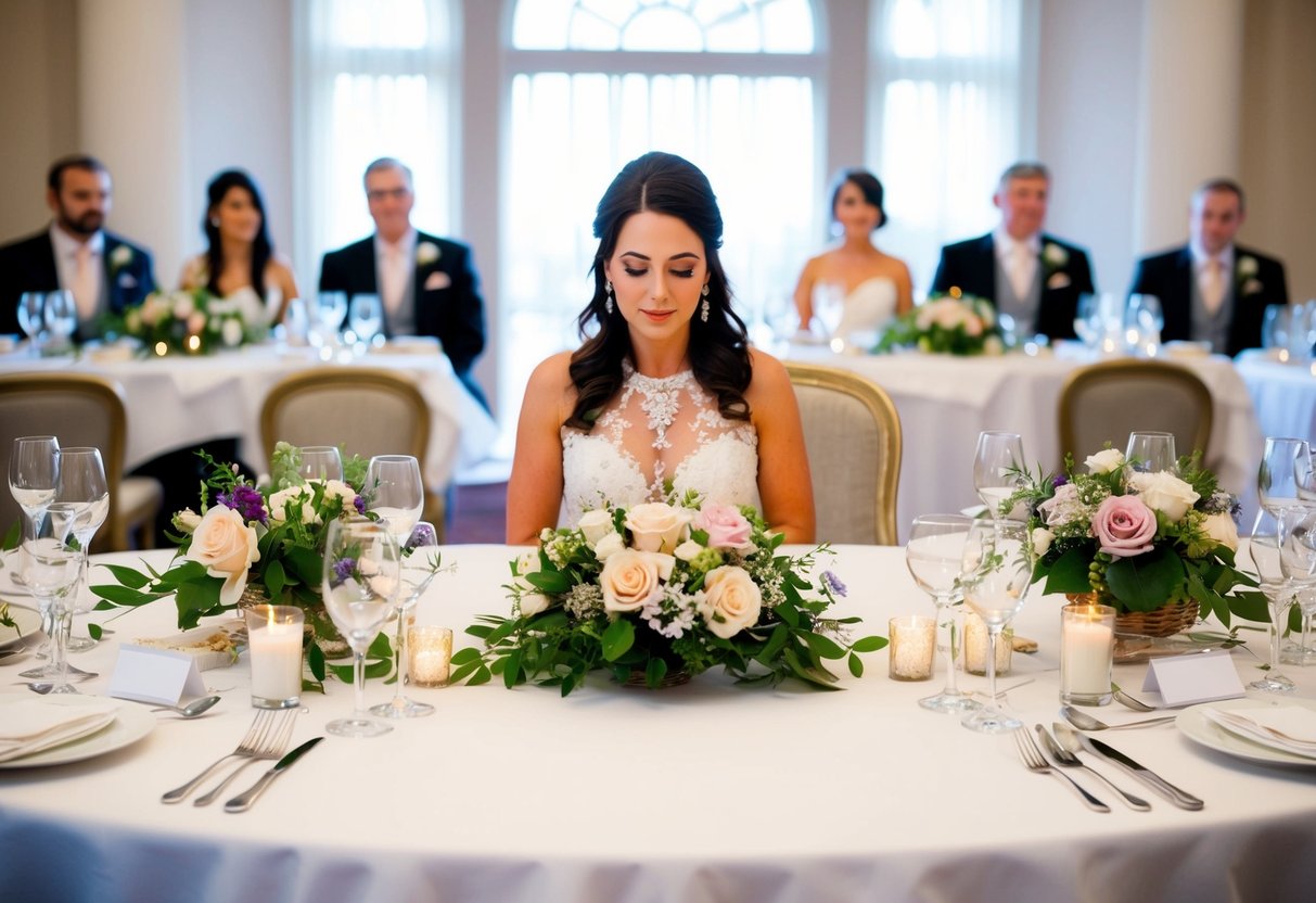 A woman's empty seat at the top table, adorned with flowers and place settings, suggests the absence of the best man's wife