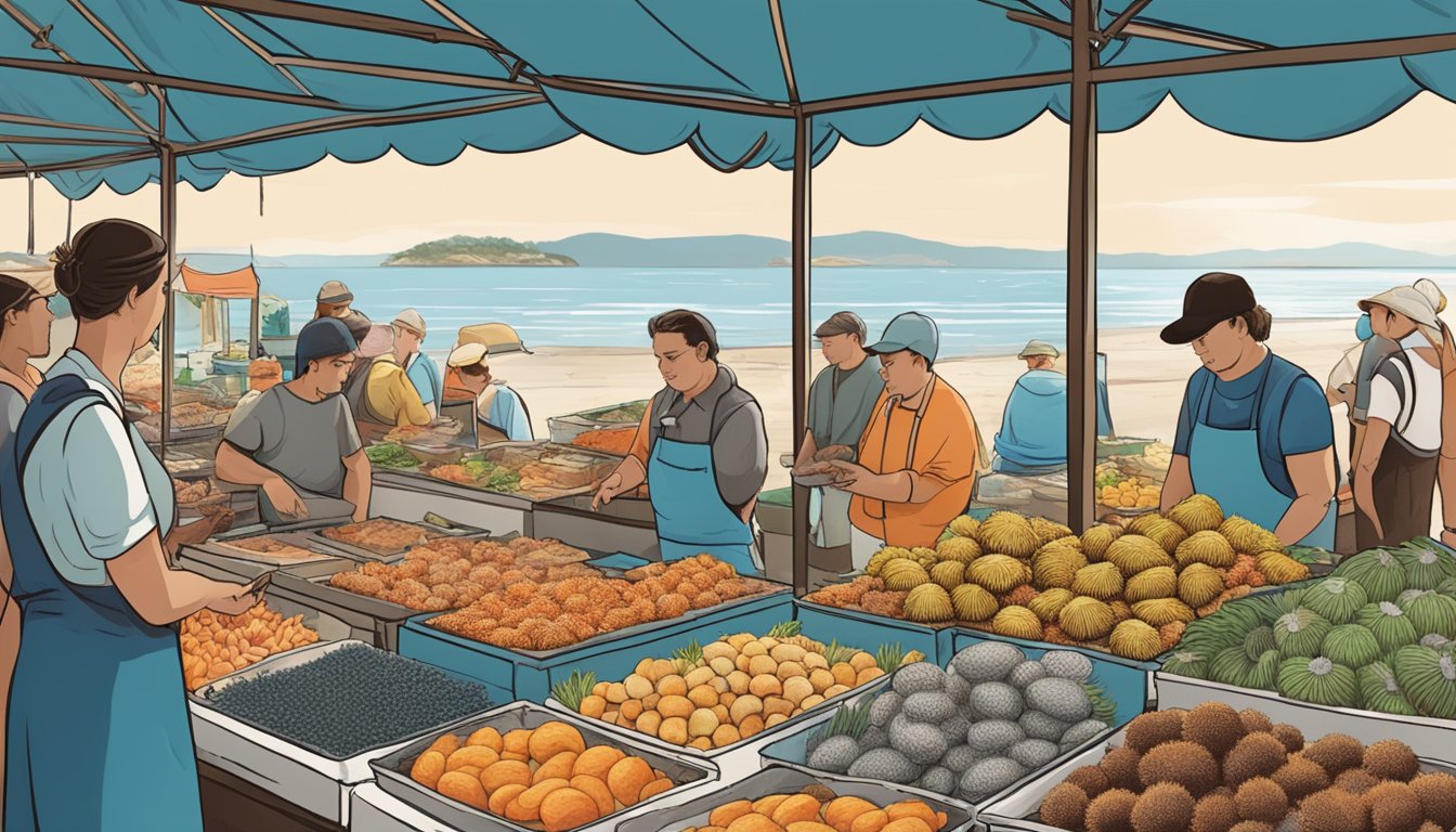 A seaside market with a variety of seafood on display, including sea urchins. Customers browsing and asking questions to the vendors