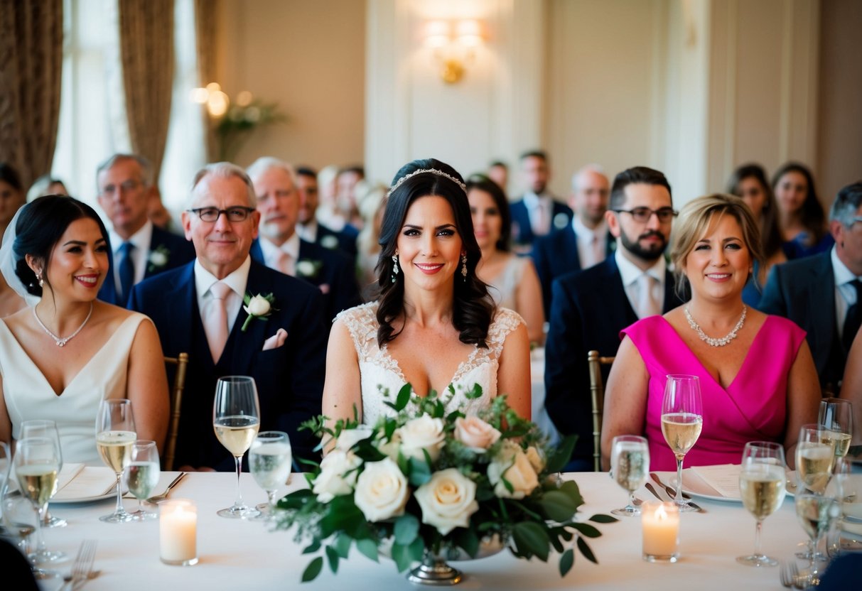 A woman sits at the top table, surrounded by other wedding guests