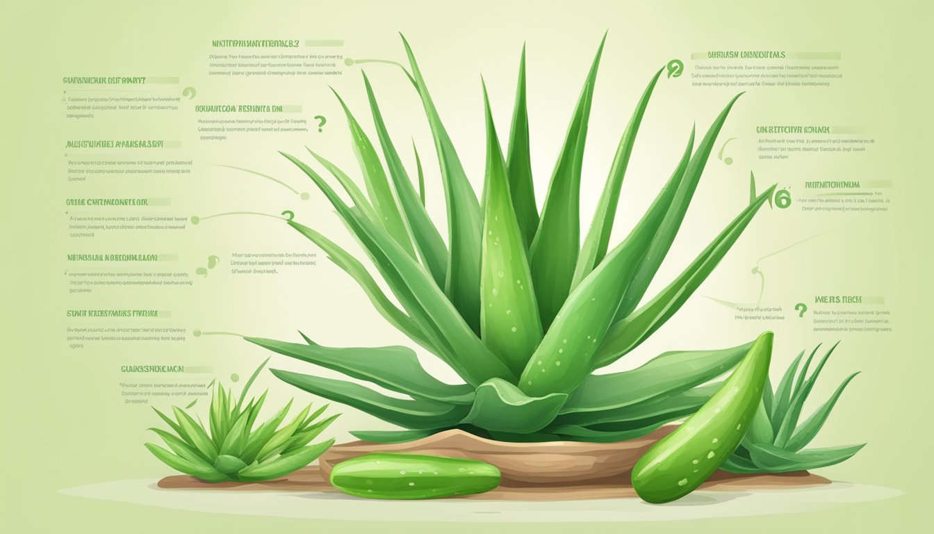 Aloe vera plant with a labeled nutritional profile and a question mark