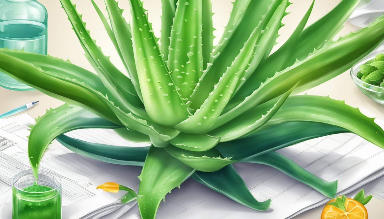 Aloe vera plant with vibrant green leaves and gel oozing out, surrounded by scientific research papers and a variety of fresh, healthy fruits and vegetables