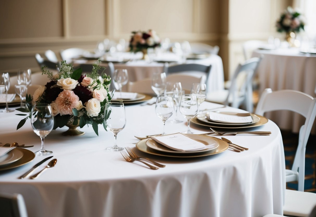 A white tablecloth with elegant place settings and floral centerpieces