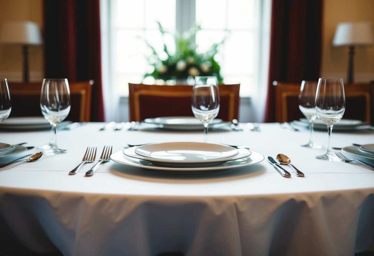 A table set with a white tablecloth, elegant silverware, and neatly arranged chairs in a formal dining room