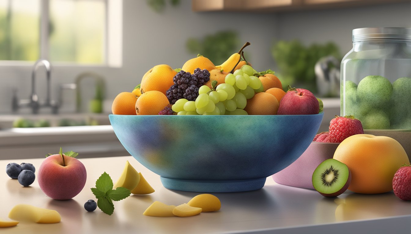 A bowl of moldy fruit sits on a kitchen counter, surrounded by other fresh fruits. The mold is visible on the surface of the fruit, indicating potential spoilage