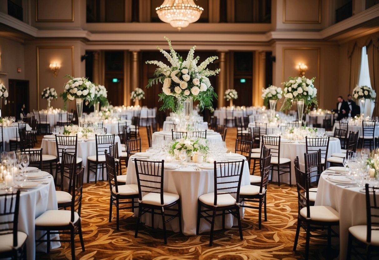 A grand wedding banquet with a top table adorned with elegant decorations and seating for the bride, groom, and honored guests