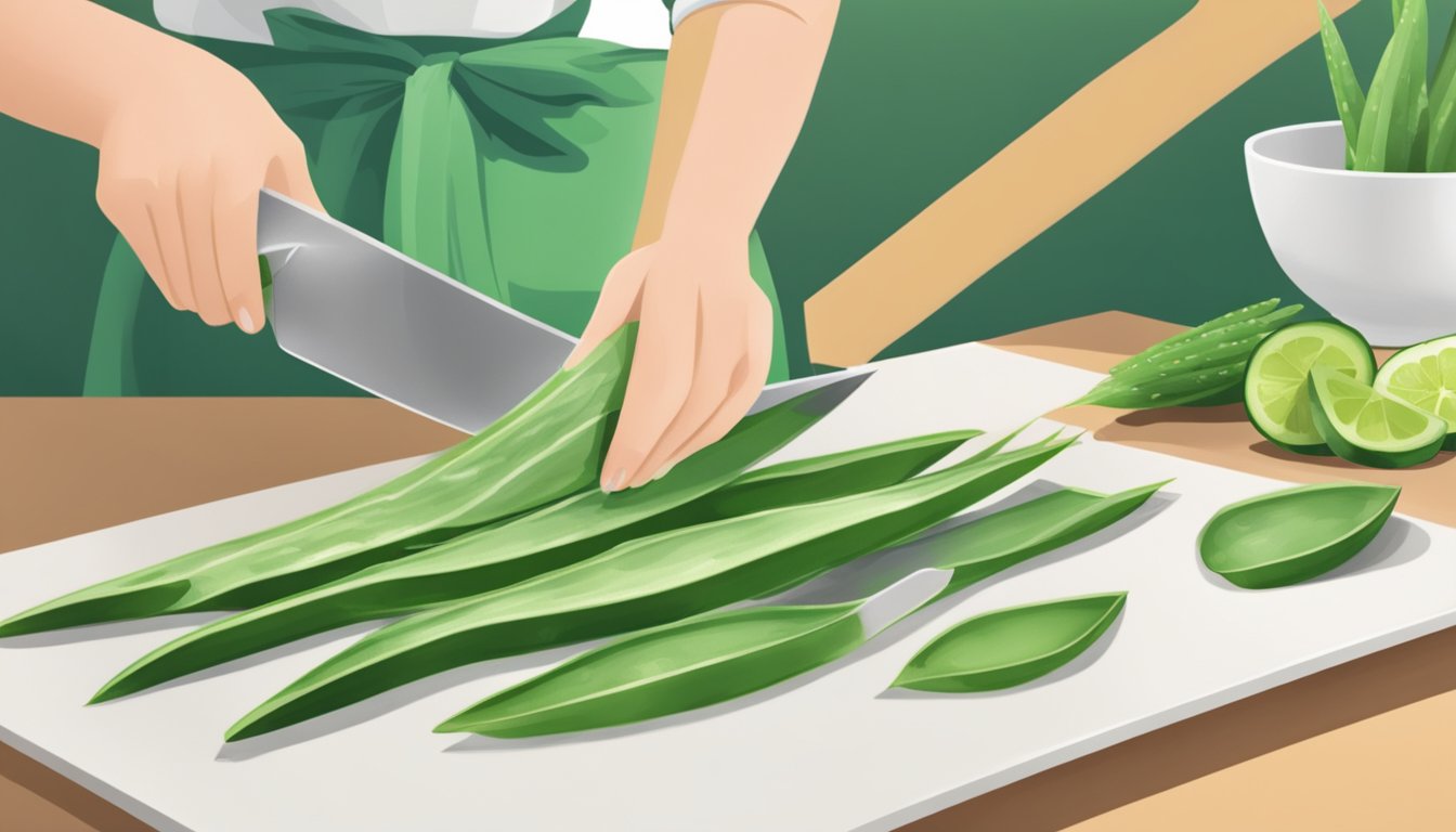 Aloe vera leaves being sliced and prepared for consumption in a clean kitchen setting