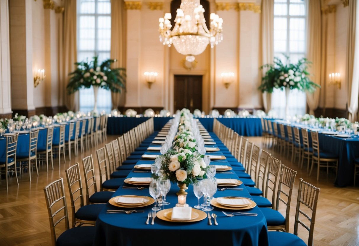A grand banquet hall with a long, ornate table at the center, adorned with elegant place settings and floral arrangements