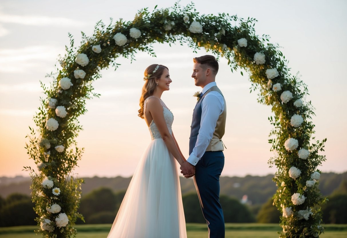 A couple stands facing each other, holding hands, with a beautiful wedding arch in the background