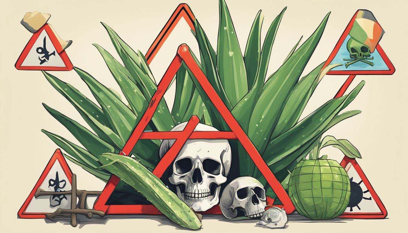 Aloe vera plant surrounded by warning signs, with a skull and crossbones symbol, and a red "X" mark over it