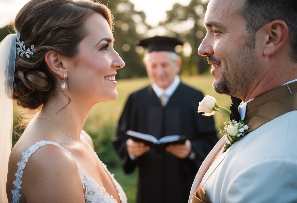 The couple stands facing each other, with the officiant positioned in front of them