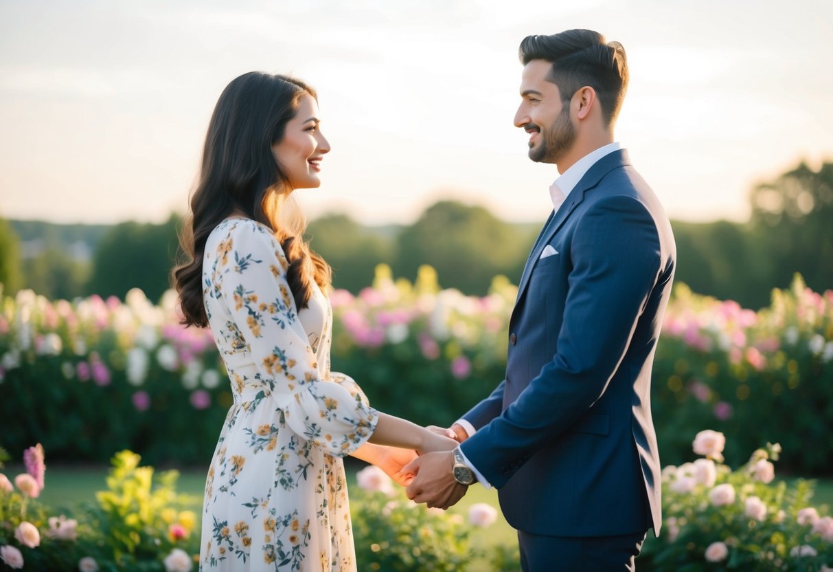 A couple standing face to face, holding hands with a beautiful backdrop of flowers and greenery in a romantic outdoor setting