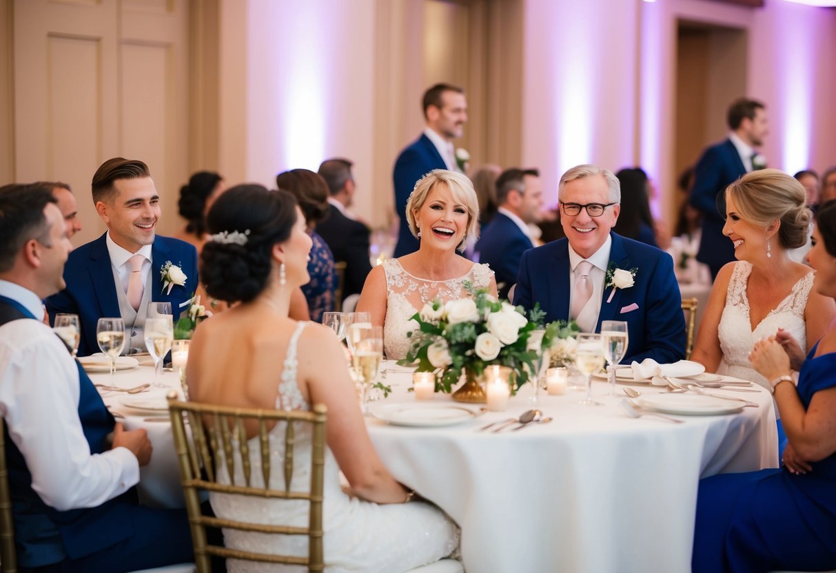 A group of elegantly dressed individuals sit at the mother of the bride table, chatting and laughing as they enjoy the wedding reception