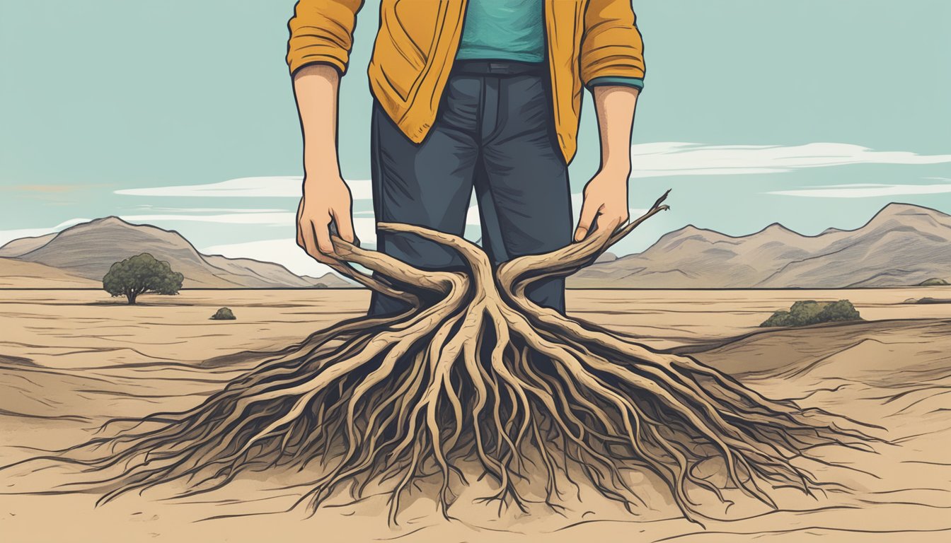 A person holding a scorzonera root and looking at it with uncertainty