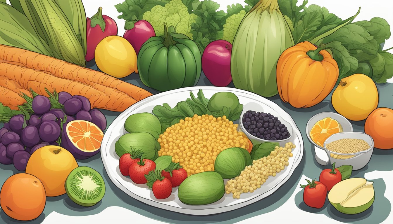 A plate of scorzonera surrounded by various fruits and vegetables, with a nutrition label next to it