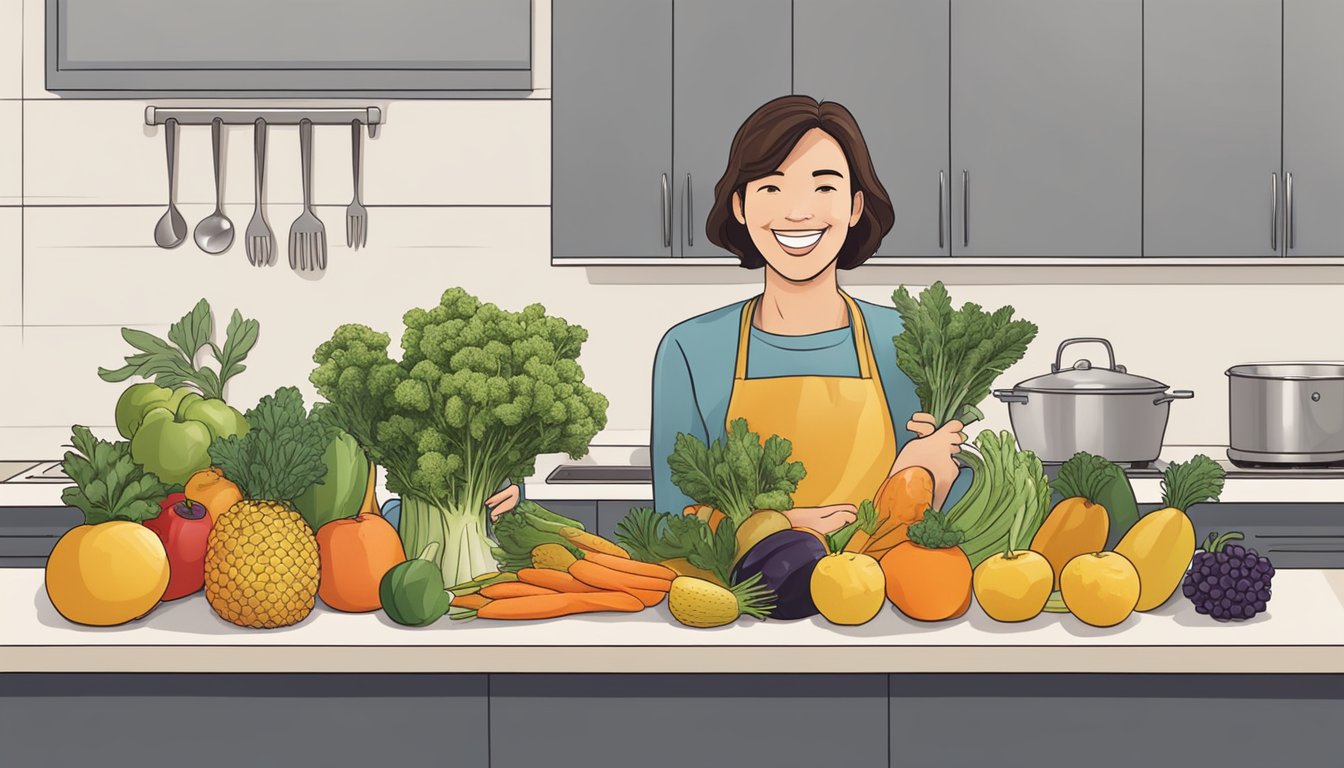 A person holding a bunch of scorzonera with a smile, surrounded by various fruits and vegetables on a kitchen counter